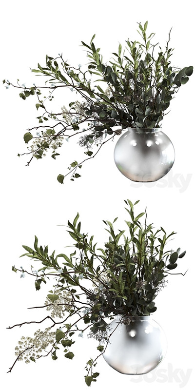 Bouquet of branches with foliage, sprigs of eucalyptus, olive and flowers